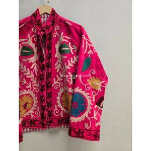 Fezan Handmade Velvet Suzani Embroidery Floral <b>Pattern</b> <b>Quilted</b> <b>Jacket</b> Stand Collar Two Side Pockets Quick Dry Cotton Velvet Made - Product Image 2
