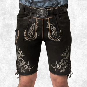 Pantalones Cortos de Cuero Gótico Negro para Hombre con Bordado Floral, Cintura Alta, Estilo Bermuda Hechos a Mano con Lana - Product Image 1