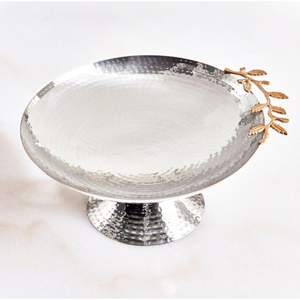 Hammered <b>Silver</b> Pedestal Fruit <b>Bowl</b> with Gold Leaf Branch Handle Metal Compote Stand Luxury Tabletop Snacks Serving Dish - Product Image 1