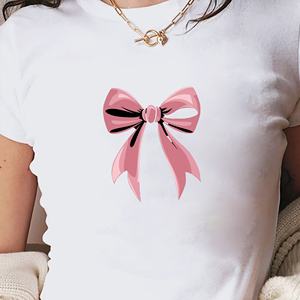 Camiseta corta de punto con estampado de lazo rosa, estilo Y2K, para mujer - Product Image 4