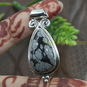 จี้หินออบซิเดียนลายเกล็ดหิมะธรรมชาติทรงหยดน้ำ เงินแท้ 925 ทำมือ จี้พลอย จี้หินออบซิเดียนลายเกล็ดหิมะสีดำ เครื่องประดับสำหรับผู้หญิง - Product Image 5