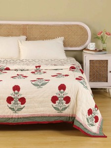 Couvre-lit en coton brodé traditionnel, motif floral rouge, décoration d'intérieur toute saison, ensemble de literie - Product Image 3