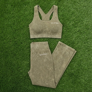 <b>Women</b> Olive Green Acid Wash Yoga Set Sports Bra High Waist <b>Flare</b> <b>Leggings</b> Gym Fitness Workout Activewear - Product Image 6