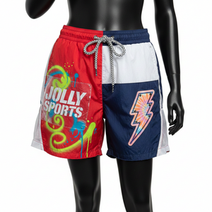 Shorts cortavientos de poliéster taslan premium de 135 GSM, rojo, azul marino, con paneles blancos, estampado de grafiti por sublimación, logotipo personalizado, shorts para mujer - Product Image 5