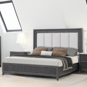 Juego de Muebles de Dormitorio Modernos de Lujo en Madera Maciza Gris Oscuro con Cama Tapizada para el Dormitorio Principal, Uso Doméstico - Product Image 1