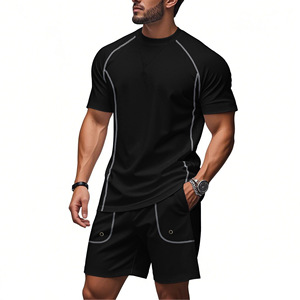 Conjunto Deportivo de Dos Piezas para Hombre, Camiseta Deportiva de Poliéster y Elastano Negra, Cuello Redondo, Secado Rápido, Tejido de Punto, para Verano y Fitness - Product Image 5
