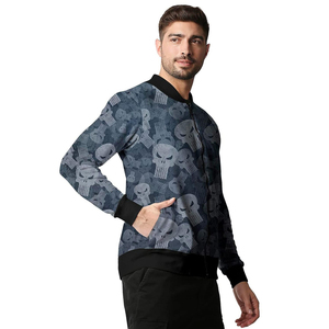 Men's Skull Print Bomber <b>Jacket</b> Casual Zipper Front <b>Fleece</b> <b>Lined</b> Autumn Wear Regular Fit Turn-down Collar Polyester Material - Product Image 1