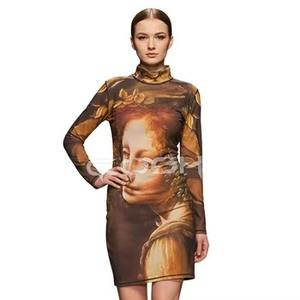 Robe moulante transparente à manches longues en maille, imprimé Muse de la Renaissance, pour femme, vente en gros, personnalisable, mini-robe de club - Product Image 1