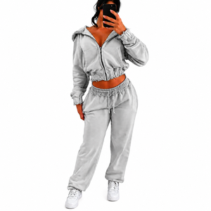 Ensemble sweat-shirt court à capuche gris zippé et pantalon long en molleton uni à manches longues pour femme grande taille, décontracté toutes saisons - Product Image 1