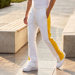 Men's White Sweatpants With Yellow Side Stripe Elastic Waist <b>Drawstring</b> Casual Joggers Flare Pants Spring Mid-Weight Flare Pants - Product Image 6