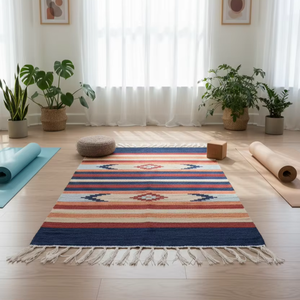 Tapis en coton fait main moderne, qualité commerciale robuste, lavable, à poils moyens, épaisseur personnalisable, motif floral, réversible - Product Image 1