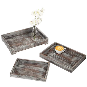 Nouvel Arrivage Plateau Décoratif Rectangulaire en Bois Motif Abstrait Moderne Lames Horizontales Multifonctionnelles Fait Main Lot de 2 - Product Image 4