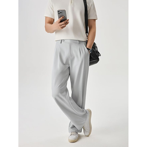 Men's <b>Light</b> Gray Wide Leg Pleated <b>Trousers</b> High Waist Formal Anti-Wrinkle Polyester Pants Autumn Style - Product Image 4