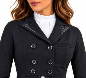 Chaqueta de equitación premium para mujer, negra, de doble botonadura, para competición, con adornos de diamantes de imitación y corte entallado. - Product Image 4