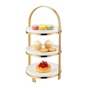 Three Tier <b>Cake</b> <b>Stand</b> With Gold Frame White Plates For Dessert Display Reusable Multi Layer Serving Tray - Product Image 1