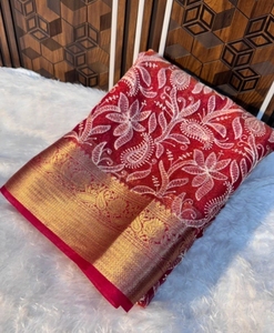 KV Traditional Embroidered Banarasi Silk Organza <b>Saree</b> (<b>Red</b>) for Party - Product Image 6