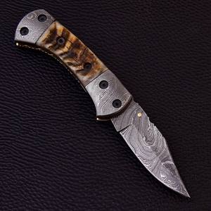 Cuchillo Plegable de Acero Damasco Nordic Forge con Hoja de Punta Clip y Funda Vertical de Cuerno de Carnero para Transporte en Bolsillo, EDC, Caza, OEM/ODM - Product Image 3
