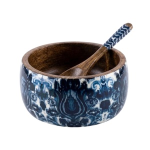 Stylish Decorative Wooden Serving <b>Bowl</b> and Spoon Set <b>Large</b> 10-Inch Enamel Coated Salad <b>Bowl</b> for Home & Hotel Supply - Product Image 4