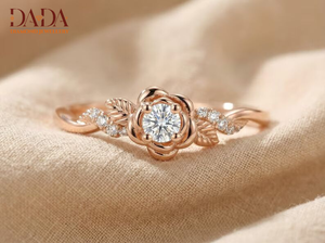 Bague en or pour femme avec diamant, bague de fiançailles florale, diamant taille ronde, design feuille, bijoux fins - Product Image 2