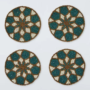 Juego de posavasos geométricos florales de cuentas de vidrio, redondos, color verde azulado y blanco, para mesa, hogar, cocina, comedor, barra de café, protección de muebles - Product Image 1