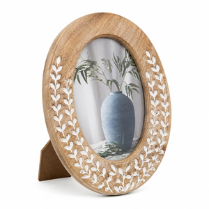 Antique Oval <b>Wood</b> <b>Picture</b> <b>Frame</b> with Botanical Leaf Inlay Motif Premium Natural Tabletop Desk <b>Frame</b> Custom Wholesale Handmade - Product Image 1