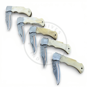 Cuchillo plegable de acero damasco y cobre al por mayor con bloqueo trasero, mango de hueso, personalizado OEM, para caza, supervivencia y actividades al aire libre multifuncional - Product Image 4