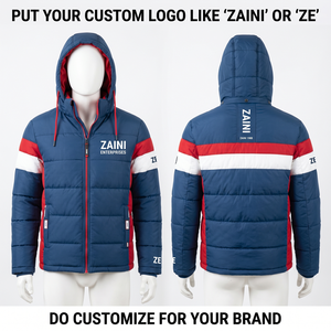 ZAINI Custom 75 GSM Polyester Worsted Hooded Puffer <b>Jacket</b> Navy <b>Red</b> White Panel Design <b>Waterproof</b> Windproof Camouflage Pattern - Product Image 1
