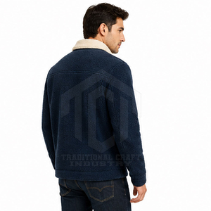 Custom <b>Mens</b> <b>Navy</b> Blue Sherpa Jacket Cream Turn Down Collar Full Zip <b>Fleece</b> Outerwear with Chest Zipper Pocket - Product Image 6