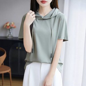 T-shirt rose à capuche et manches courtes pour femme, coupe ample, tricoté, couleur unie, décontracté, pour le printemps et l'été - Product Image 2