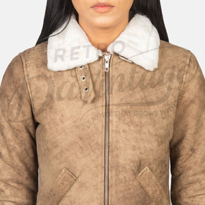 Chaqueta de aviador de cuero genuino desgastado color canela para mujer, con ribete de piel sintética blanca, corte ajustado, piel de oveja premium, abrigo de invierno estilo motero - Product Image 3