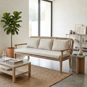 Premium wooden kaliandra triple <b>sofa</b> minimalist solid teak <b>wood</b> living room three seater couch natural cream cushion seating - Product Image 5