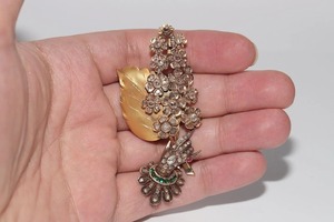 Broche Antiguo de Oro Sólido de 14K con Diamante de Corte Rosa y Esmeralda Cultivados en Laboratorio, Certificados por IGI, para Regalo de Boda, para Mujeres y Hombres - Product Image 2