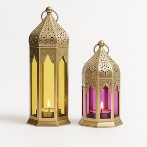 Ensemble de 2 lanternes décoratives en métal avec panneaux en verre coloré, lanternes à bougies vintage pour la décoration de la maison, centre de table de mariage - Product Image 1