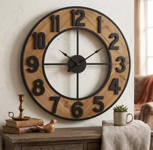 Grande horloge murale rustique style ferme – Bois et métal noir, décoration industrielle bohème pour salon - Product Image 4