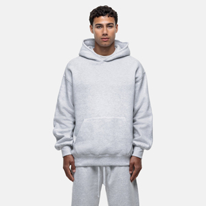 Men's Gray Hooded <b>Tracksuit</b> Full Length Solid Color Casual Sweatshirt and Pants Set Breathable 100% Cotton Loose Fit Autumn Wear - Product Image 6