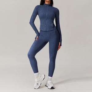 Ensemble de sport cinq pièces pour homme, beige clair, extensible, avec soutien-gorge de sport, veste, leggings, tenue décontractée de fitness, coupe ajustée, taille avant - Product Image 6