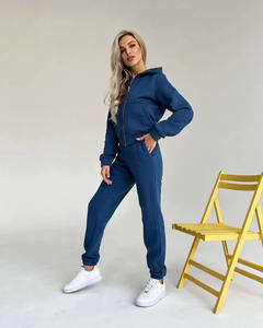 Ensemble de survêtement d'hiver pour femmes grande taille, couleur unie, sweat-shirt 100% coton avec pantalon de jogging deux pièces - Product Image 2
