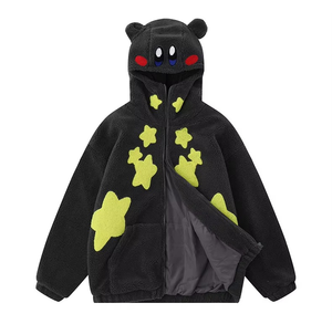Veste à capuche en polaire noire avec oreilles d'ours et appliques étoiles jaunes, manteau d'hiver décontracté pour femme - Product Image 1