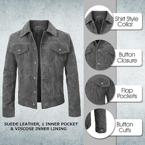 เสื้อแจ็คเก็ตหนังกลับสไตล์คลาสสิค คอปกพับได้ ติดกระดุม ลำลอง สำหรับฤดูใบไม้ร่วง ทรงเข้ารูป - Product Image 5