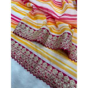 Magnifique travail de broderie Bordure en dentelle Saree rose non cousu pour les fêtes et les bals par Nice Creation - Product Image 1