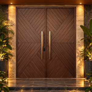 Puerta de Entrada Contemporánea de Madera Sólida con Diseño Geométrico, Estilo de Apertura Manual, para Uso Exterior, Superficie Acabada - Product Image 1