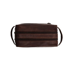 Classic Leather Toiletry <b>Bag</b> Rectangle Shape Durable <b>Storage</b> For Bathroom Use With Zipper Closure Brown Color - Product Image 2
