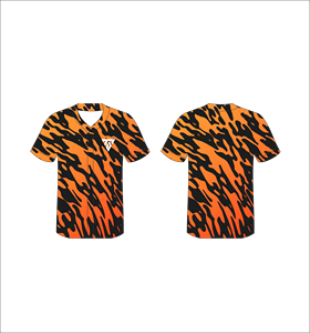 Camiseta de Béisbol Personalizada para Hombre, Naranja y Negra con Estampado de Camuflaje, Manga Corta, Sublimada, de Secado Rápido, Poliéster, Cuello en V, Corte Regular - Product Image 1