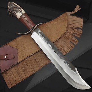 Couteau Bowie de chasse de 17 pouces en acier carbone forgé à la main avec fourreau en cuir et lame à pointe tombante - Product Image 5