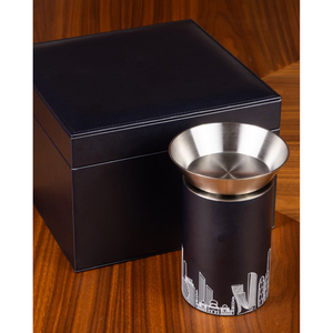 Metal Round Incense <b>Burner</b> Accompanied By Matching Presentation Leather Box Featuring Elegant <b>Silver</b> Skyline Engraving Design - Product Image 3