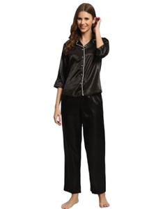 Conjunto de pijama de seda tejido cómodo informal para mujer, camisa y pantalones de satén de manga corta de 2 piezas, ropa de dormir - Product Image 1