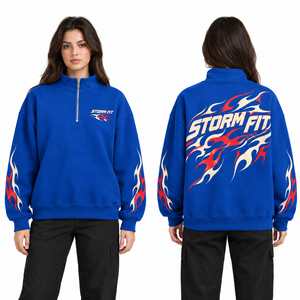 Custom <b>Women's</b> Blue Flame Screen Printed <b>Quarter</b> <b>Zip</b> Hooded Streetwear <b>Sweatshirt</b> Regular Fit Knitted Cotton Breathable - Product Image 1