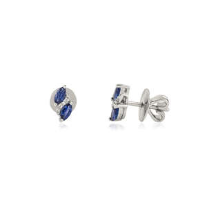 14K Gold Modern <b>Emerald</b> Cut Diamond & Sapphire <b>Stud</b> <b>Earrings</b> - Product Image 4