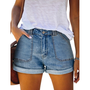 Pantalones Cortos de Jean de Cintura Alta para Mujer, Estilo Casual de Verano, Algodón Lavado a la Piedra, Azul, Dobladillo con Vuelta, Pierna Recta, Ajuste Regular, Precio de Fábrica - Product Image 5