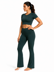 Dark <b>Green</b> 2-Piece Yoga Set Crew Neck Crop Top High-Waist Full-Length <b>Leggings</b> Seamless Solid Stretch Fabric Breathable Quick - Product Image 4